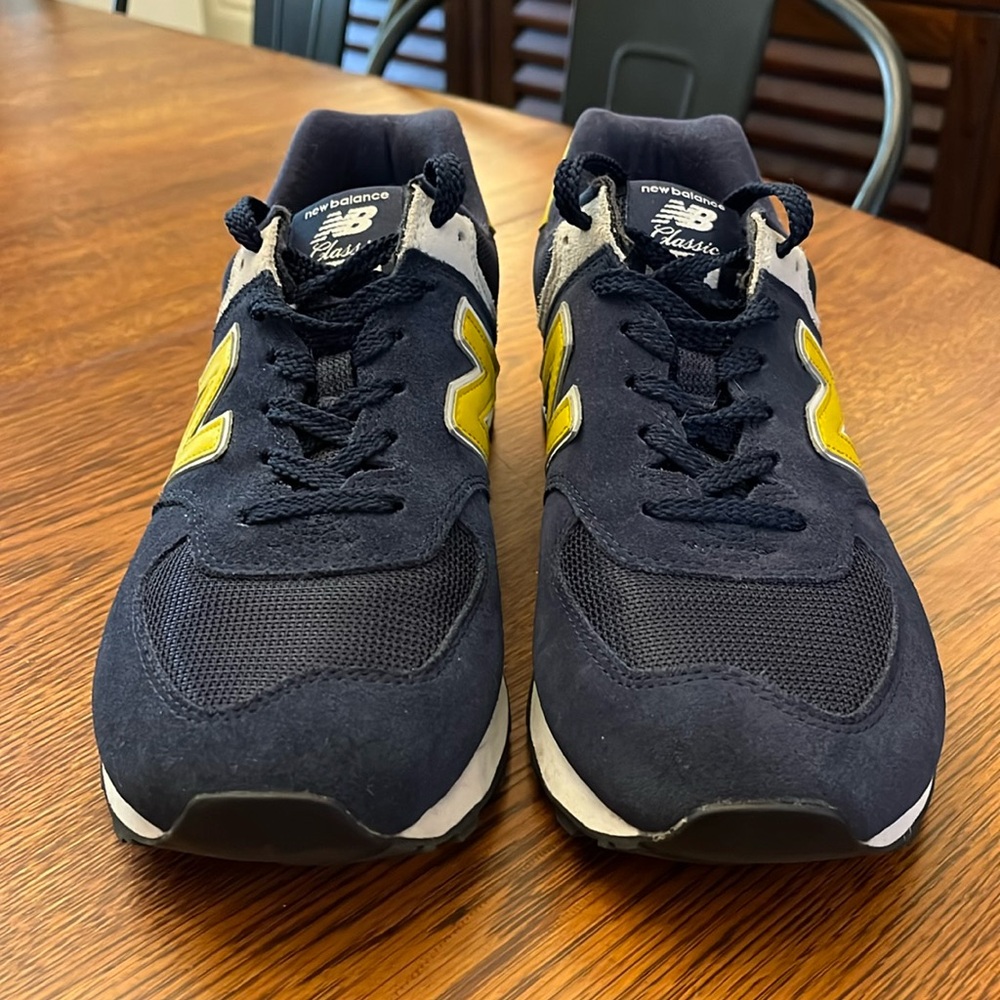 New Balance 574, Navy Blue with Yellow, Men’s size 8.5, Euro 42.
